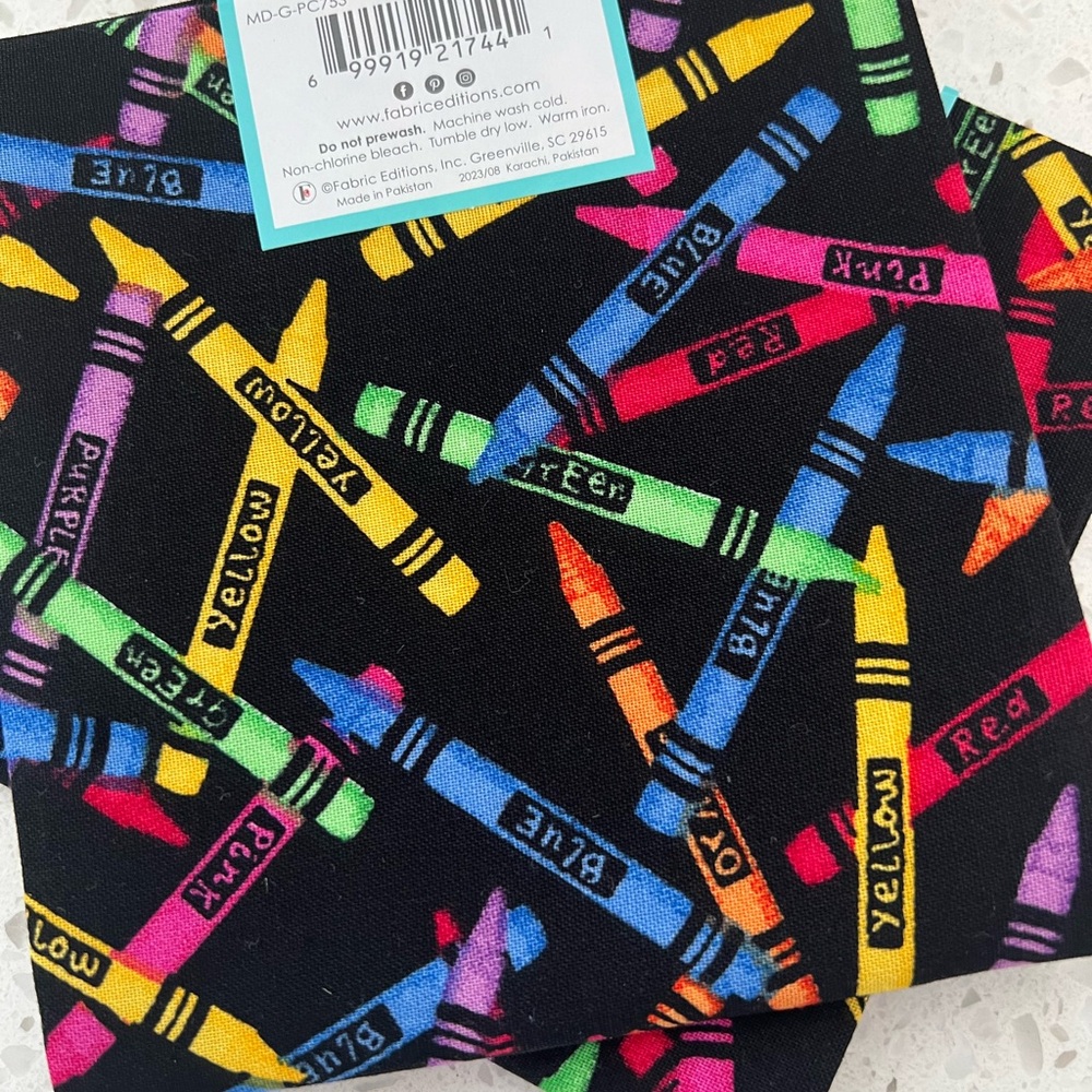FAT QUARTER crayon colors fabric cotton primary classroom kid fun print NEW